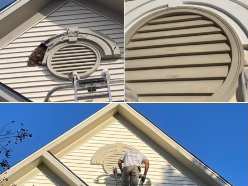 A suburban home with a wooden deck above and trash bins beside the entrance