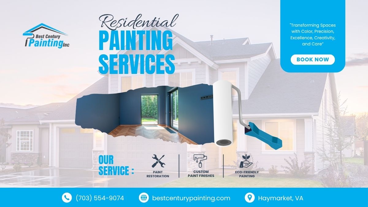Best Century Painting Image shows a house with a cutaway revealing an interior wall being painted, showcasing expert residential painting services in Haymarket, VA.